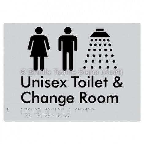 Braille Sign Unisex Toilet / Shower & Change Room - Braille Tactile Signs Aust. - BTS284-slv - Custom Signs - Fast Shipping - High Quality - Australian Made &amp; Owned